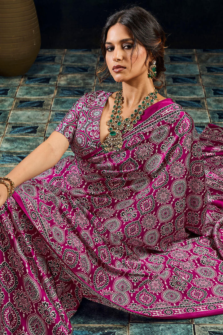 Mulberry Wine Ajrakh Printed Semi Modal Satin Silk Saree