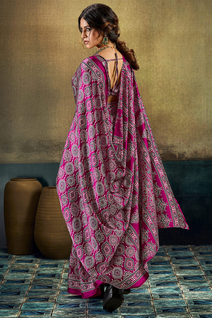 Mulberry Wine Ajrakh Printed Semi Modal Satin Silk Saree