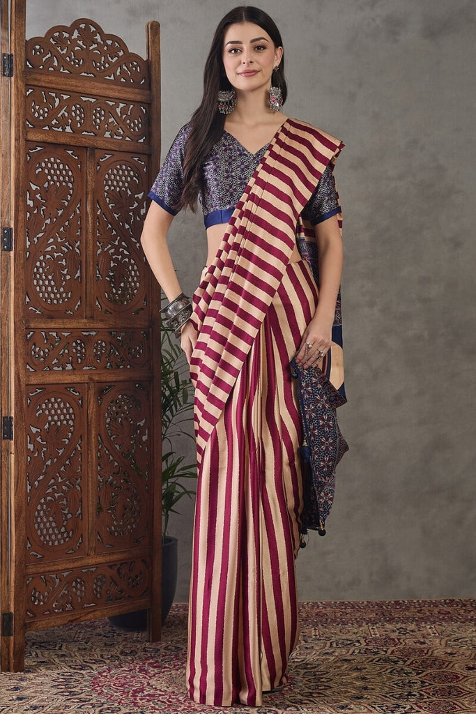 Mulberry Wine Stripe Ajrakh Printed Satin Silk Saree