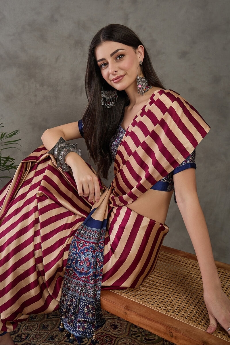Mulberry Wine Stripe Ajrakh Printed Satin Silk Saree