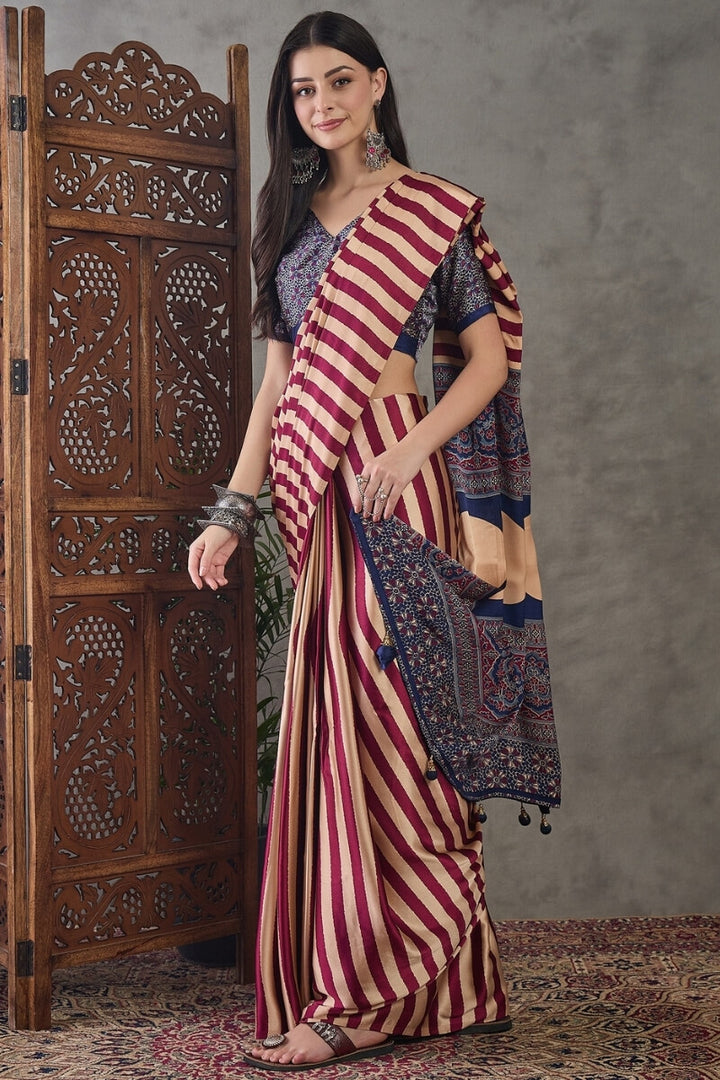 Mulberry Wine Stripe Ajrakh Printed Satin Silk Saree