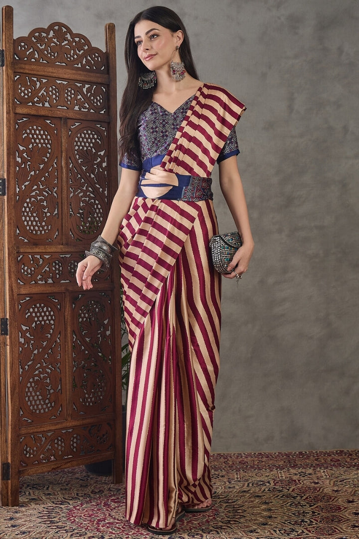 Mulberry Wine Stripe Ajrakh Printed Satin Silk Saree