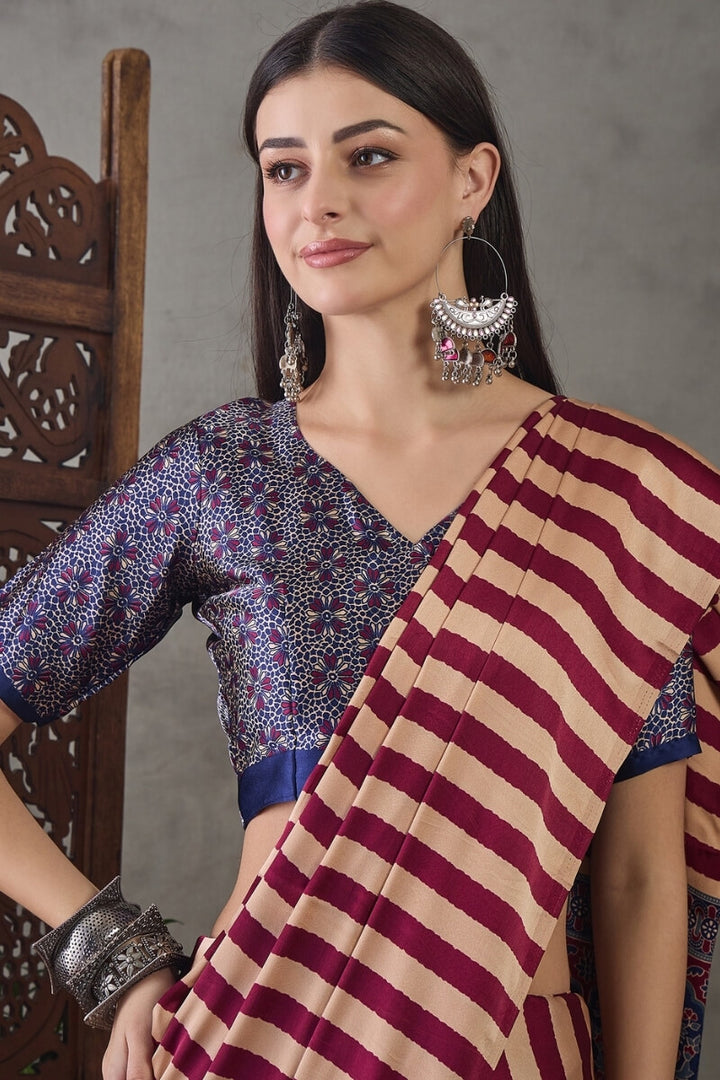 Mulberry Wine Stripe Ajrakh Printed Satin Silk Saree