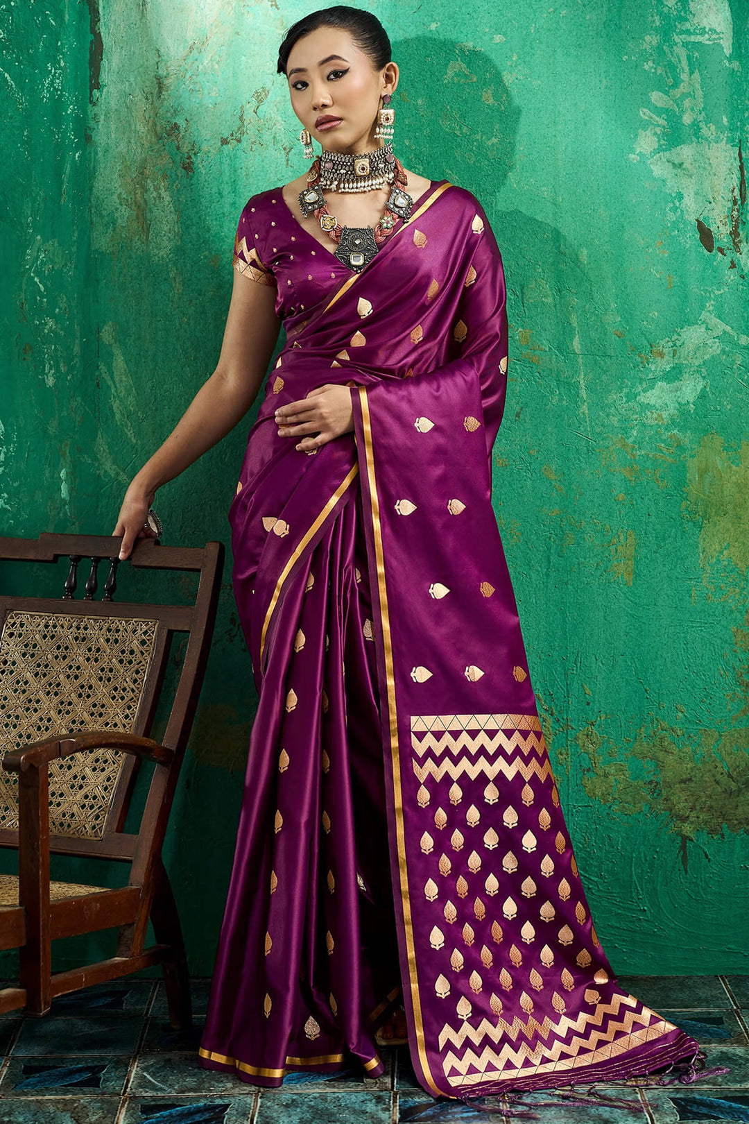 Mulberry Wine Zari woven Banarasi Satin silk saree
