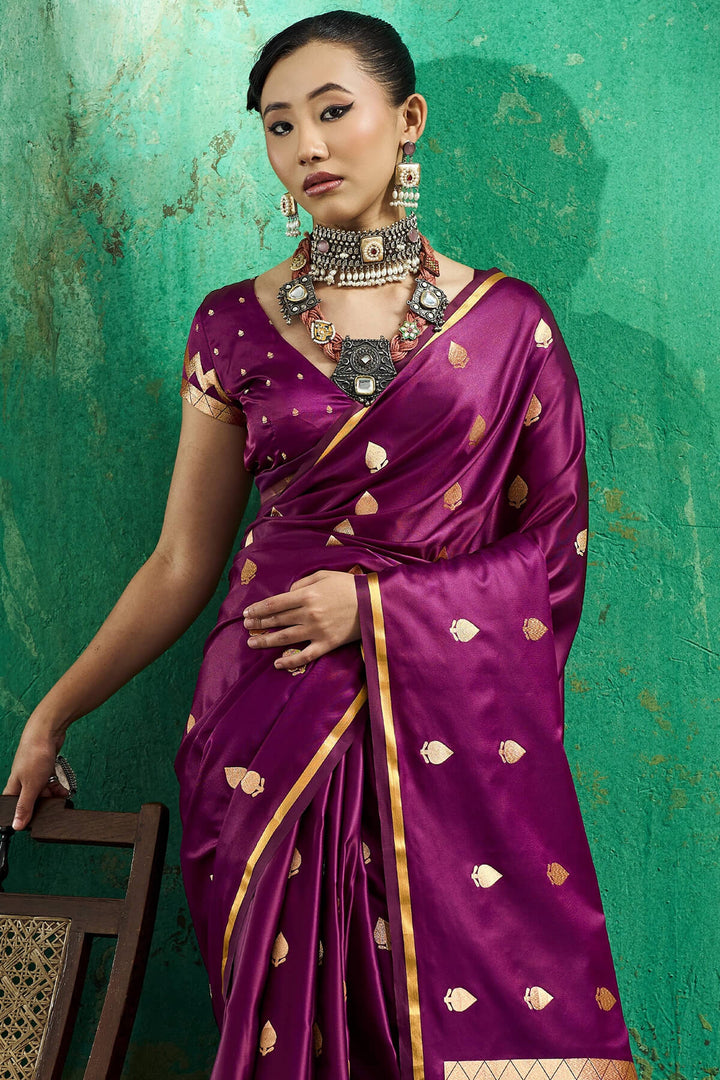 Mulberry Wine Zari woven Banarasi Satin silk saree