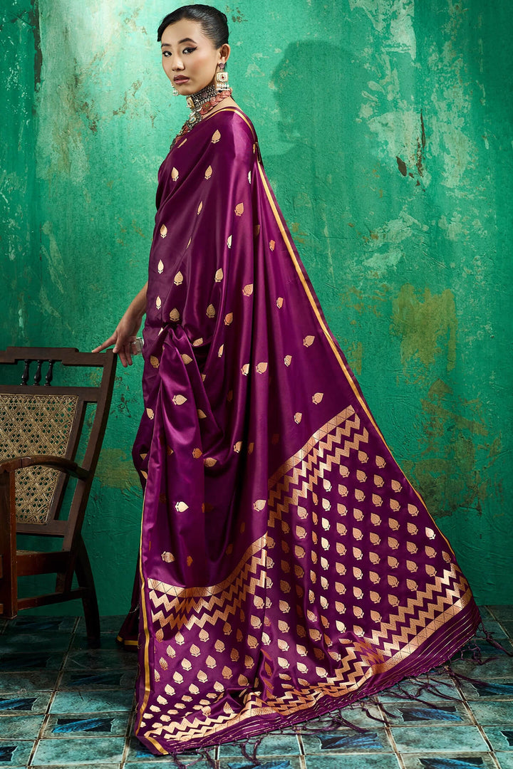 Mulberry Wine Zari woven Banarasi Satin silk saree