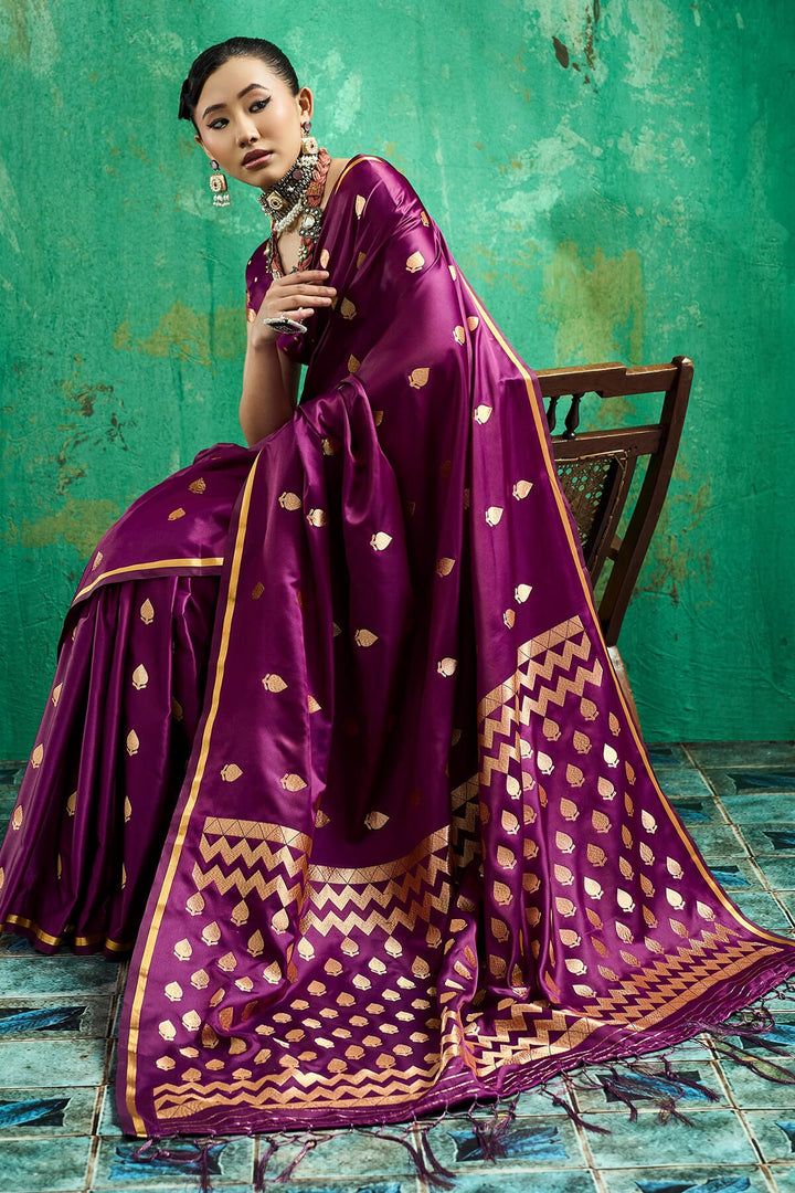 Mulberry Wine Zari woven Banarasi Satin silk saree