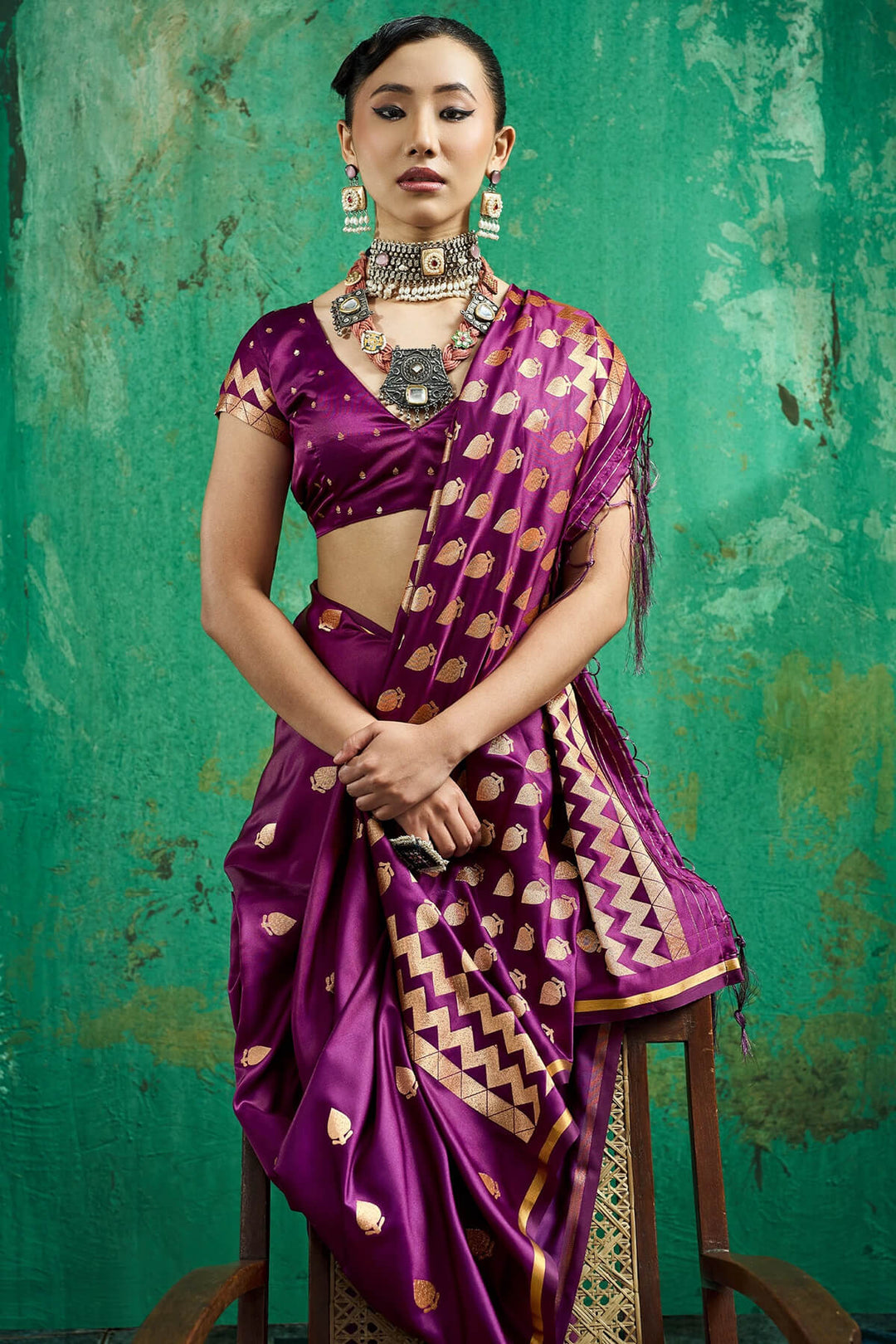 Mulberry Wine Zari woven Banarasi Satin silk saree