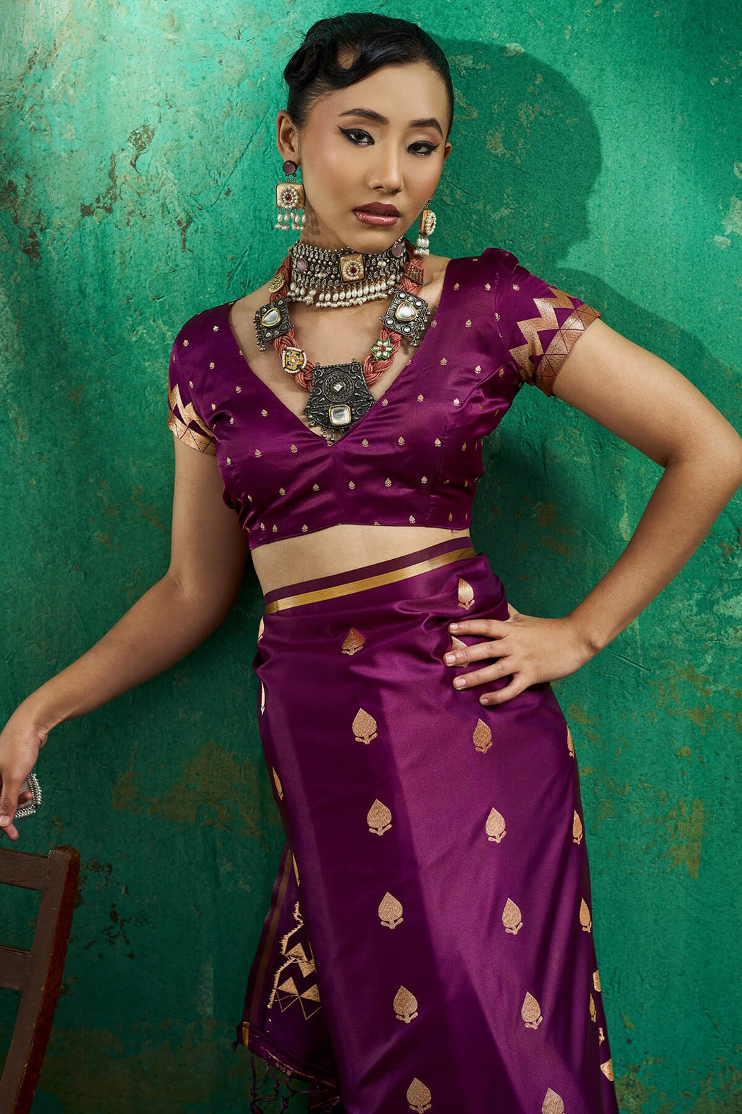 Mulberry Wine Zari woven Banarasi Satin silk saree