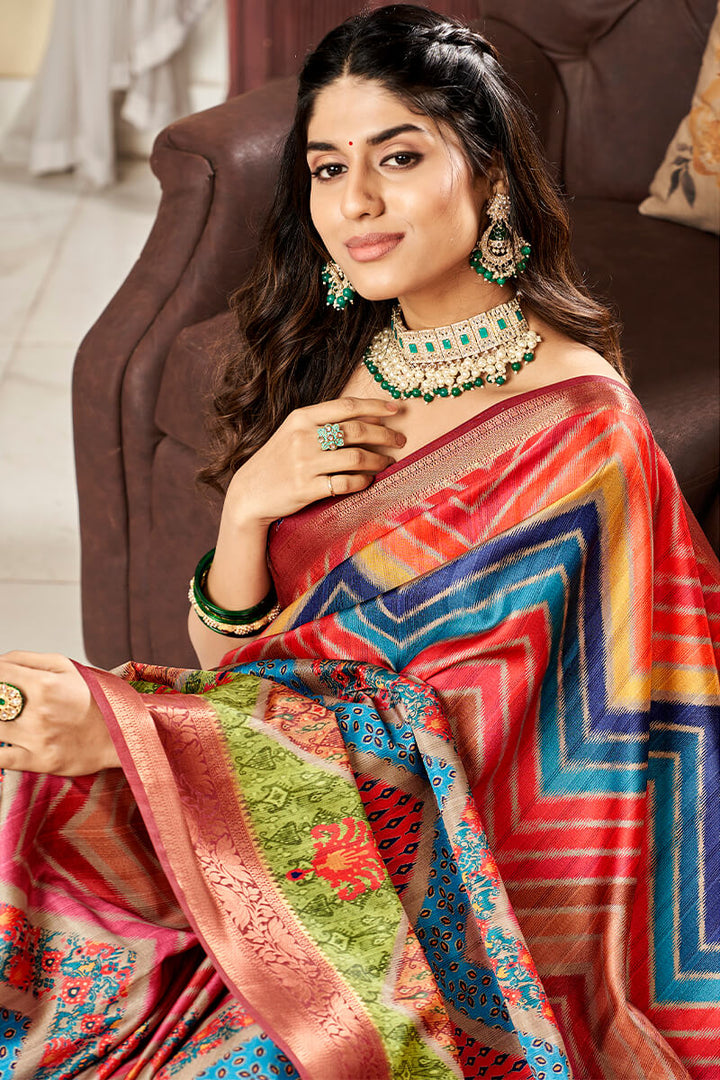 Multicolor Printed Pure Satin Silk Saree