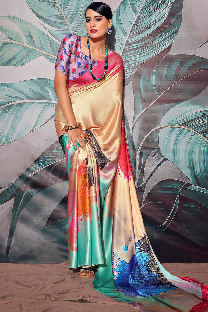 Multicolor  Printed Satin Silk Saree