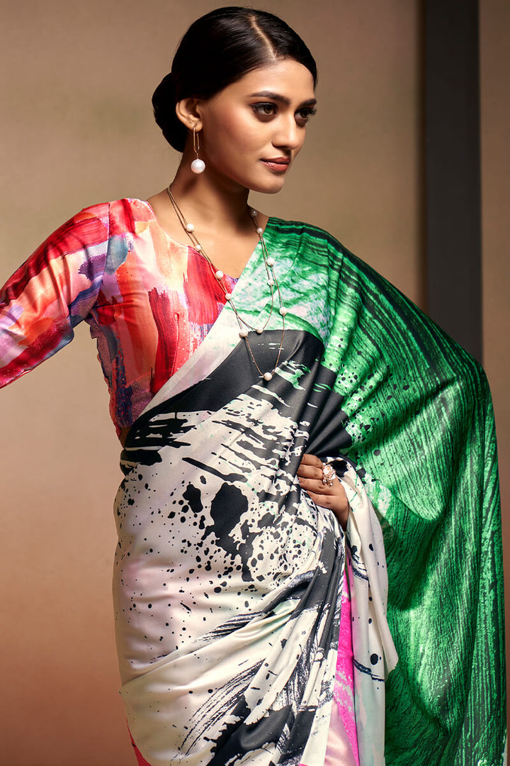 Multicolor Printed Satin Silk Saree
