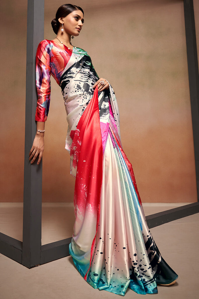 Multicolor Printed Satin Silk Saree