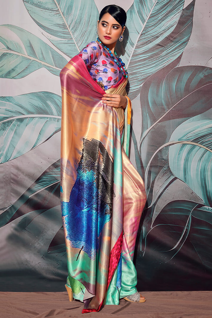 Multicolor  Printed Satin Silk Saree