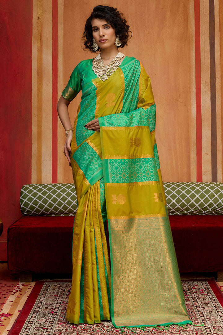 Mustard and Green Zari Handloom Soft Banarasi Silk Saree
