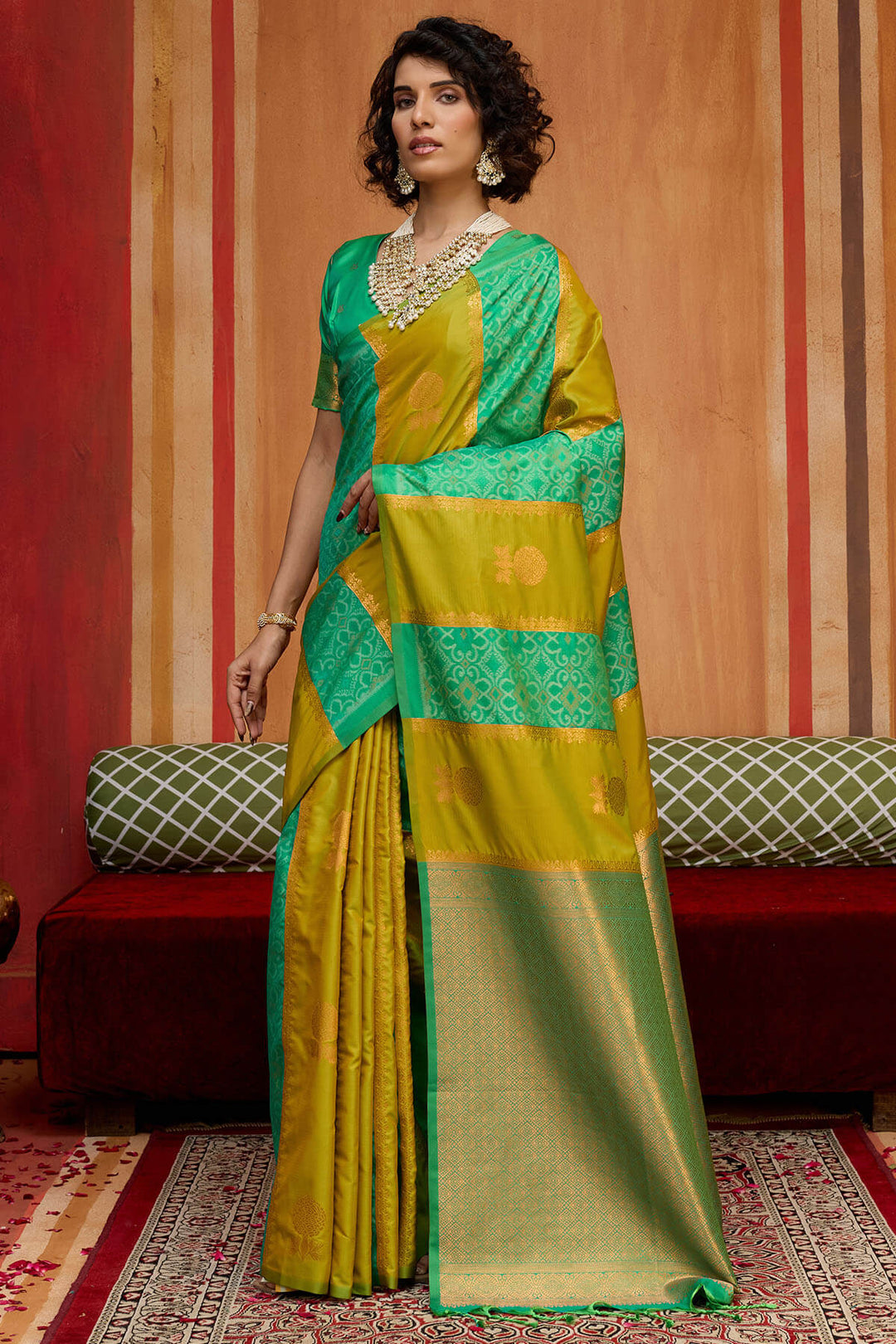 Mustard and Green Zari Handloom Soft Banarasi Silk Saree