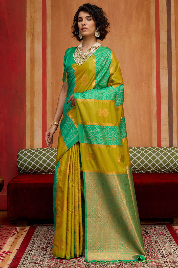 Mustard and Green Zari Handloom Soft Banarasi Silk Saree