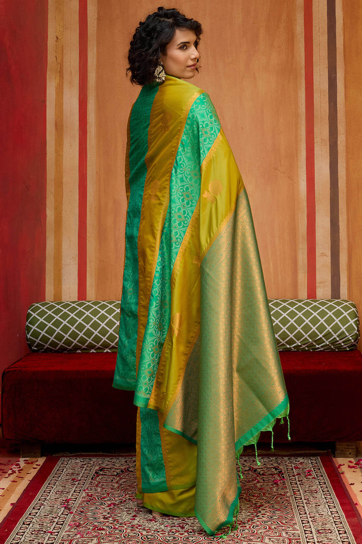 Mustard and Green Zari Handloom Soft Banarasi Silk Saree