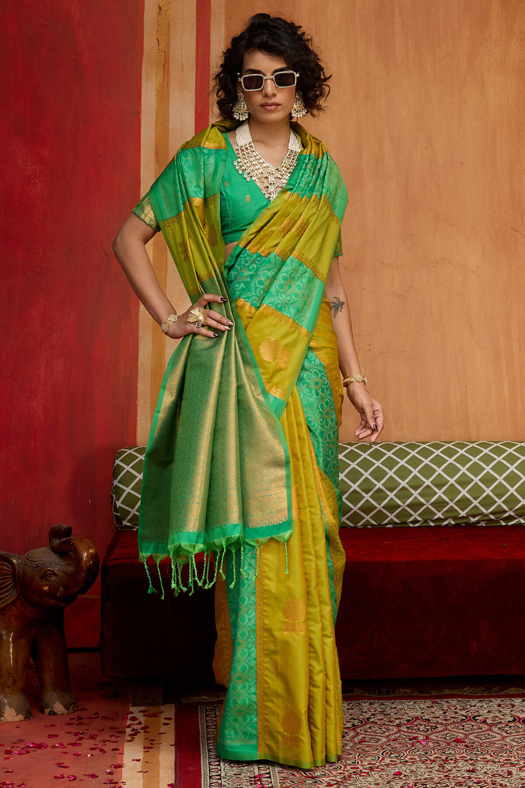 Mustard and Green Zari Handloom Soft Banarasi Silk Saree