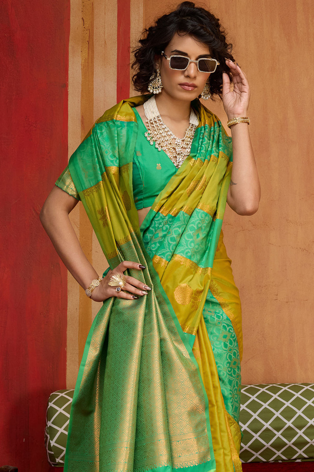 Mustard and Green Zari Handloom Soft Banarasi Silk Saree