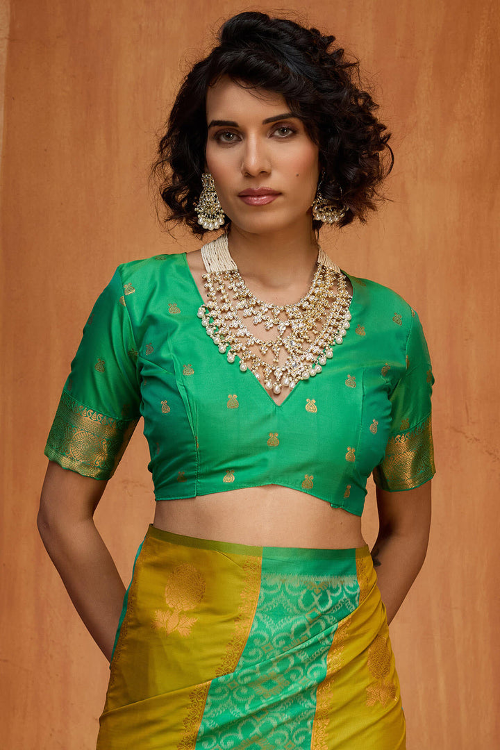 Mustard and Green Zari Handloom Soft Banarasi Silk Saree
