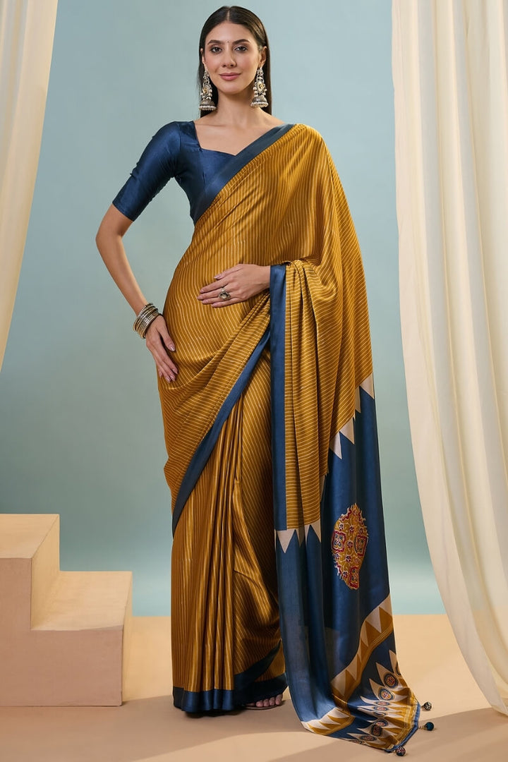 Mustard Brown Ajrakh Printed Satin Silk Saree