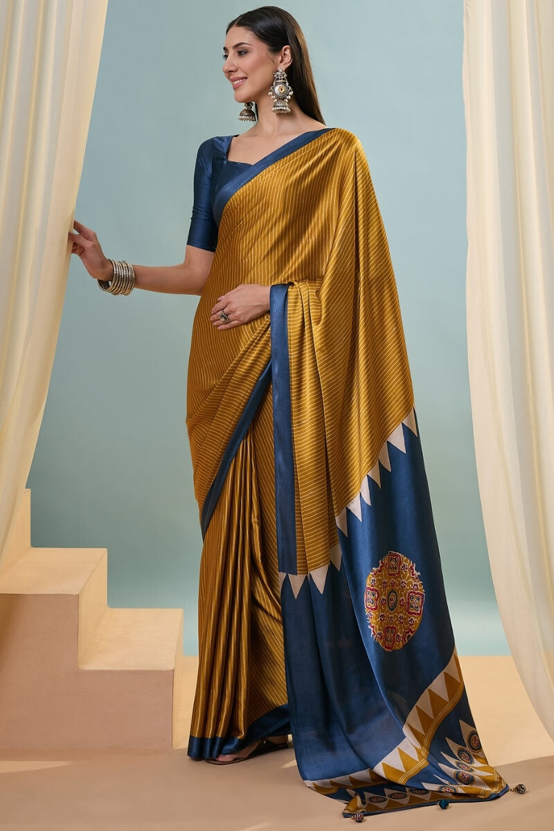 Mustard Brown Ajrakh Printed Satin Silk Saree