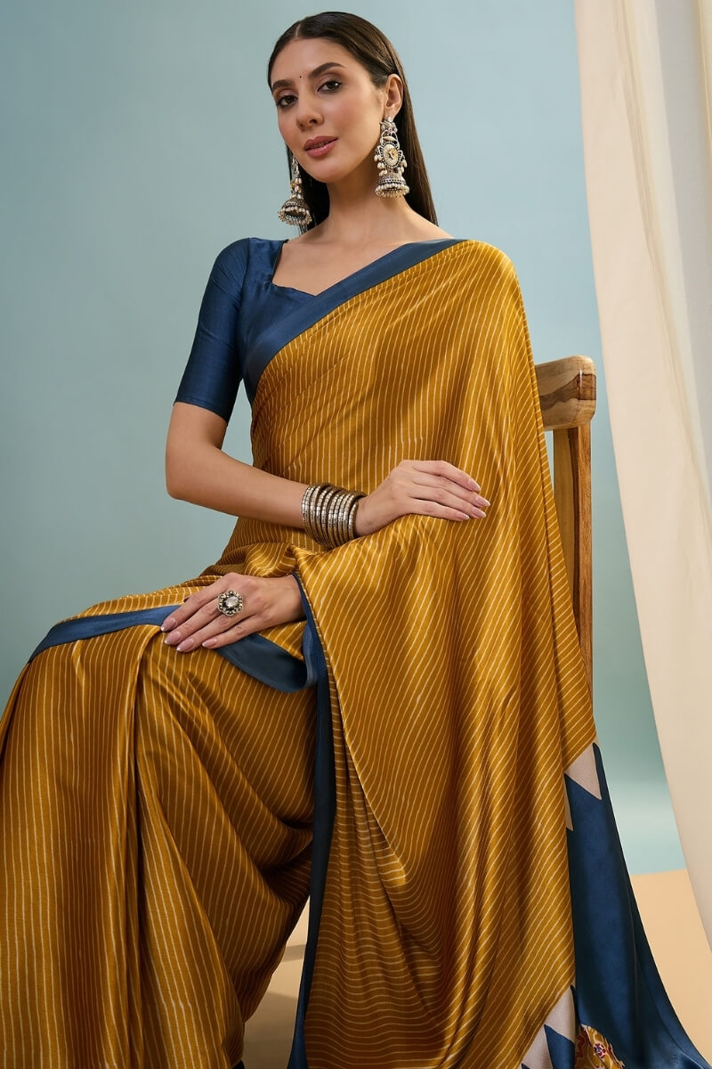 Mustard Brown Ajrakh Printed Satin Silk Saree