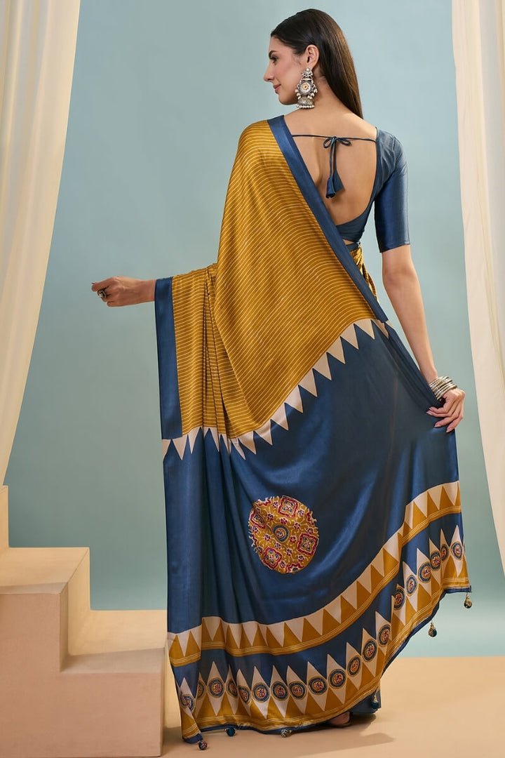 Mustard Brown Ajrakh Printed Satin Silk Saree