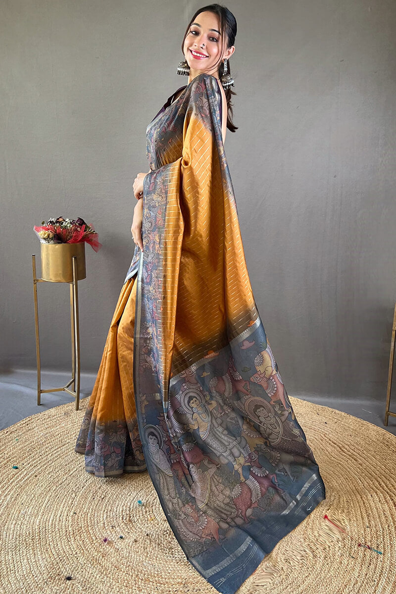 Mustard Brown Printed Chanderi silk saree