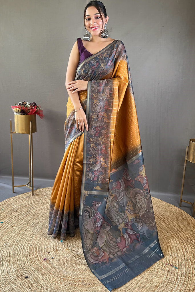 Mustard Brown Printed Chanderi silk saree