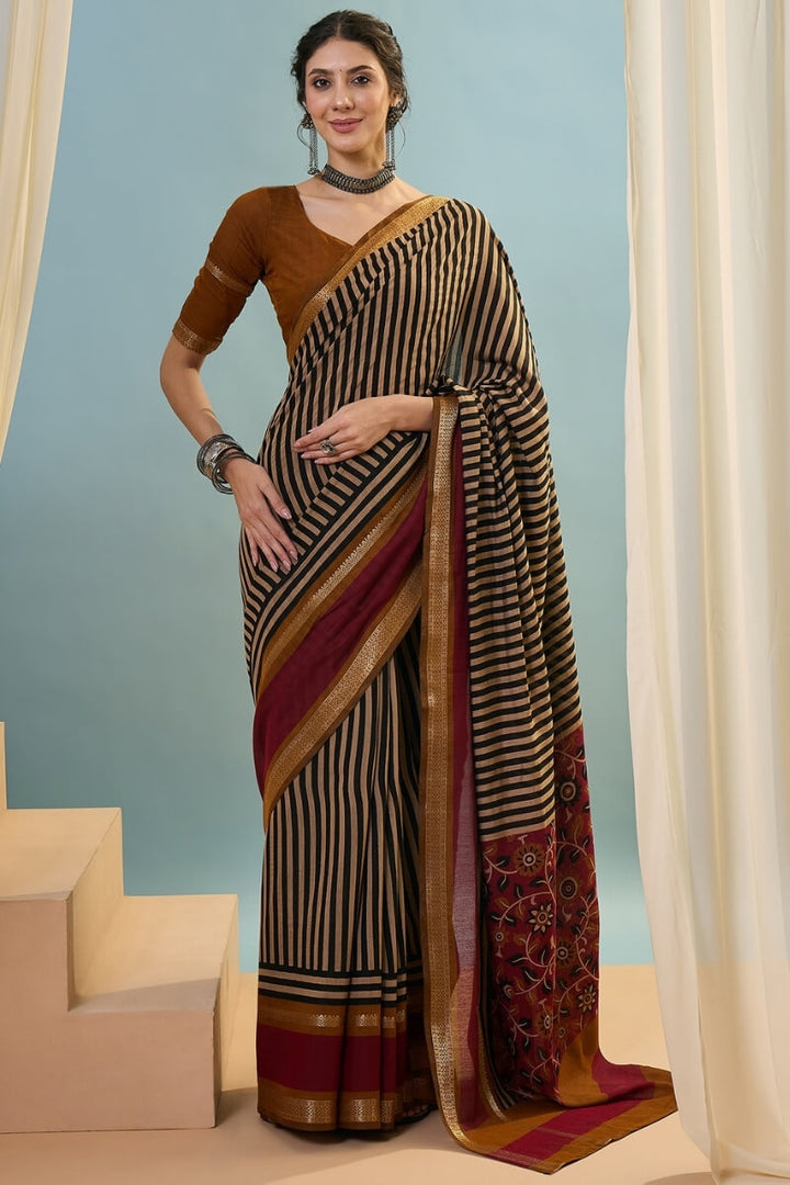 Mustard Brown Printed Cotton Saree with Zari Woven Border