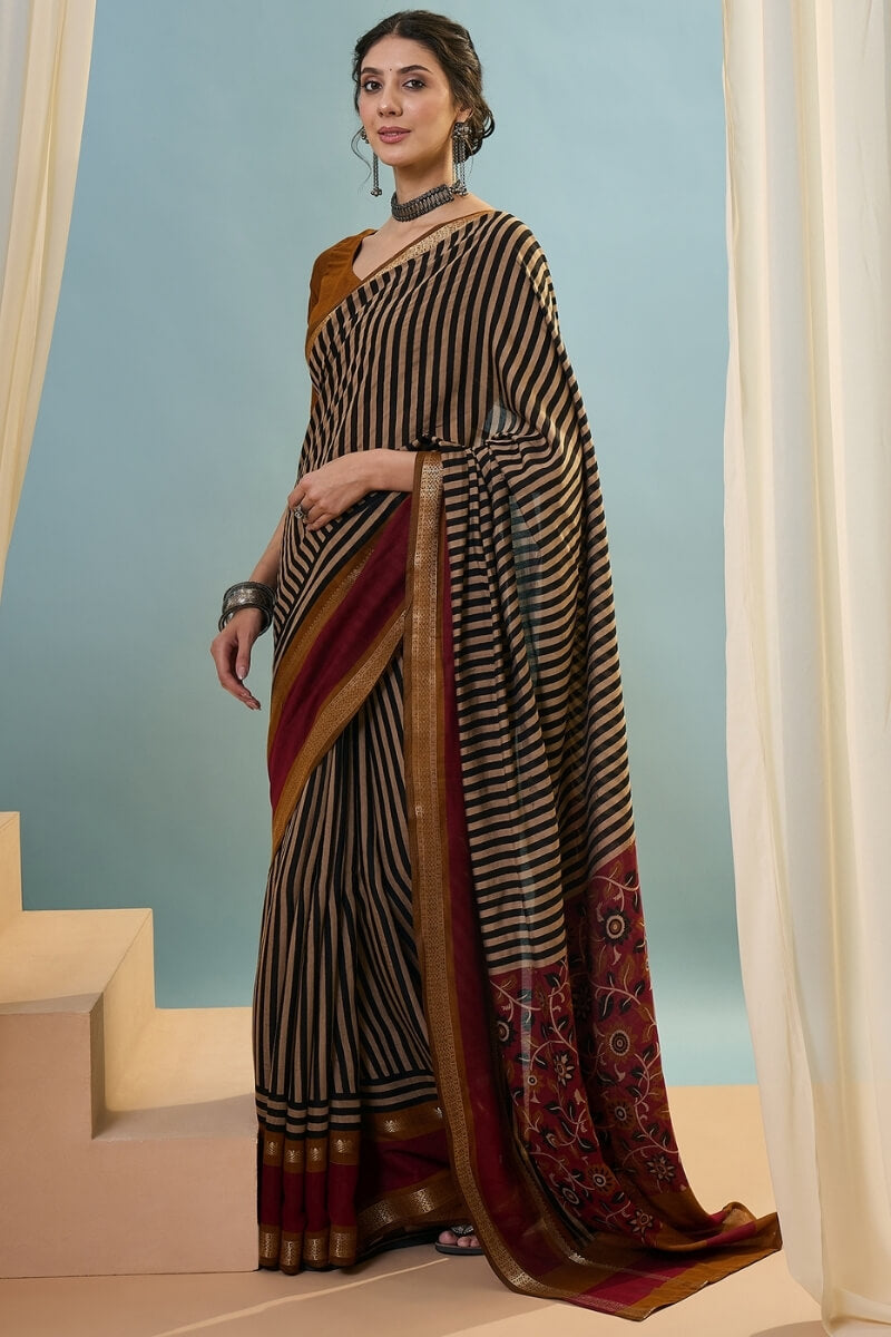 Mustard Brown Printed Cotton Saree with Zari Woven Border