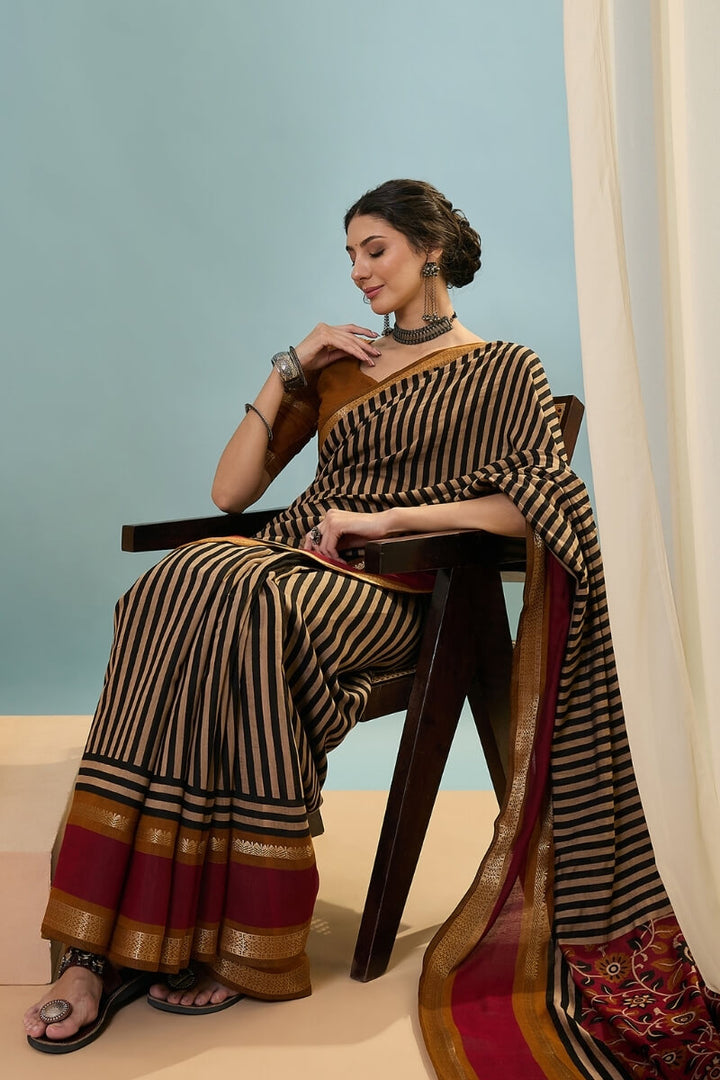 Mustard Brown Printed Cotton Saree with Zari Woven Border
