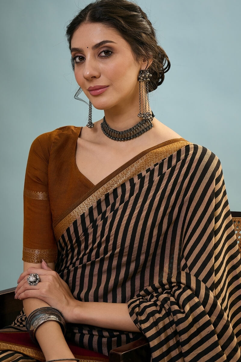 Mustard Brown Printed Cotton Saree with Zari Woven Border