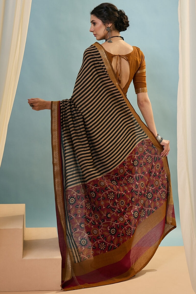 Mustard Brown Printed Cotton Saree with Zari Woven Border