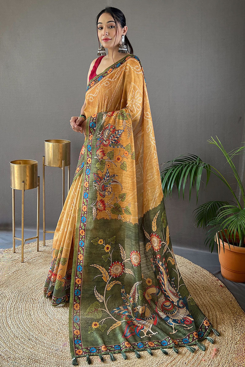 Mustard Brown Printed Cotton Silk Saree