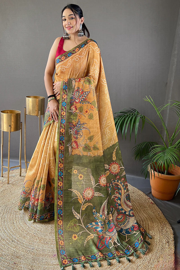 Mustard Brown Printed Cotton Silk Saree