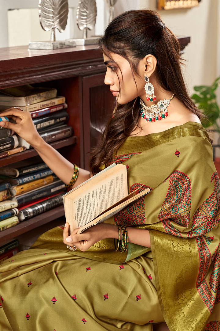 Mustard Green Printed Satin Silk Saree