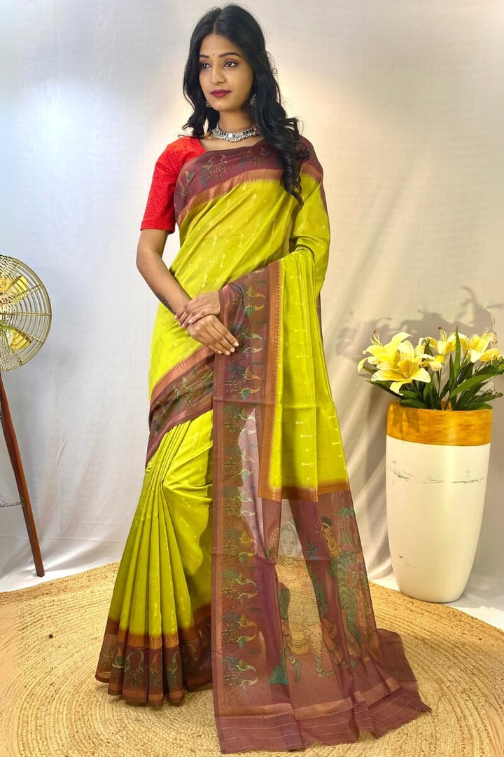 Mustard Green Printed Soft Chanderi Silk Saree