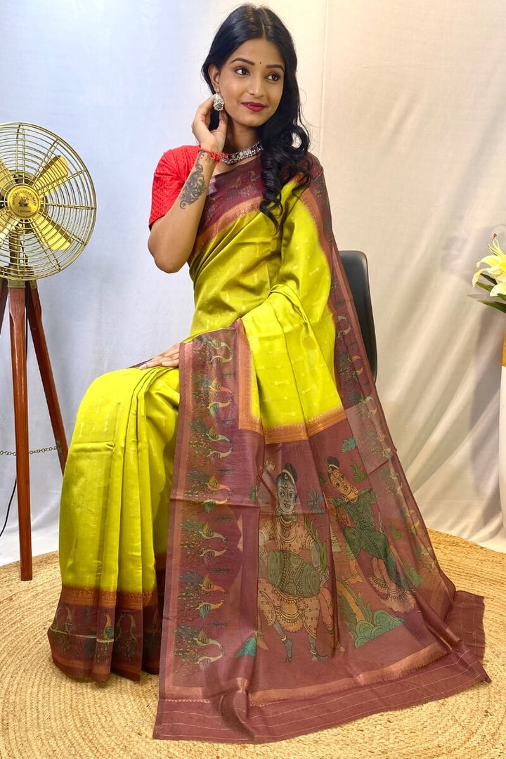 Mustard Green Printed Soft Chanderi Silk Saree