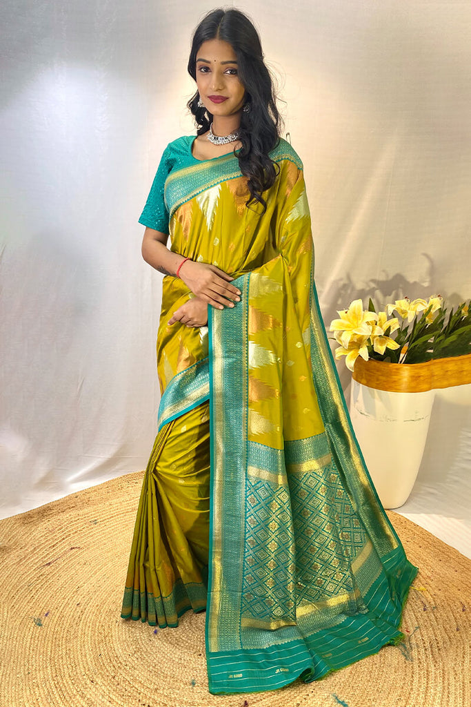 Mustard Green Zari Woven Banarasi Silk Saree