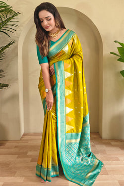 Mustard Green Zari Woven Banarasi Silk Saree