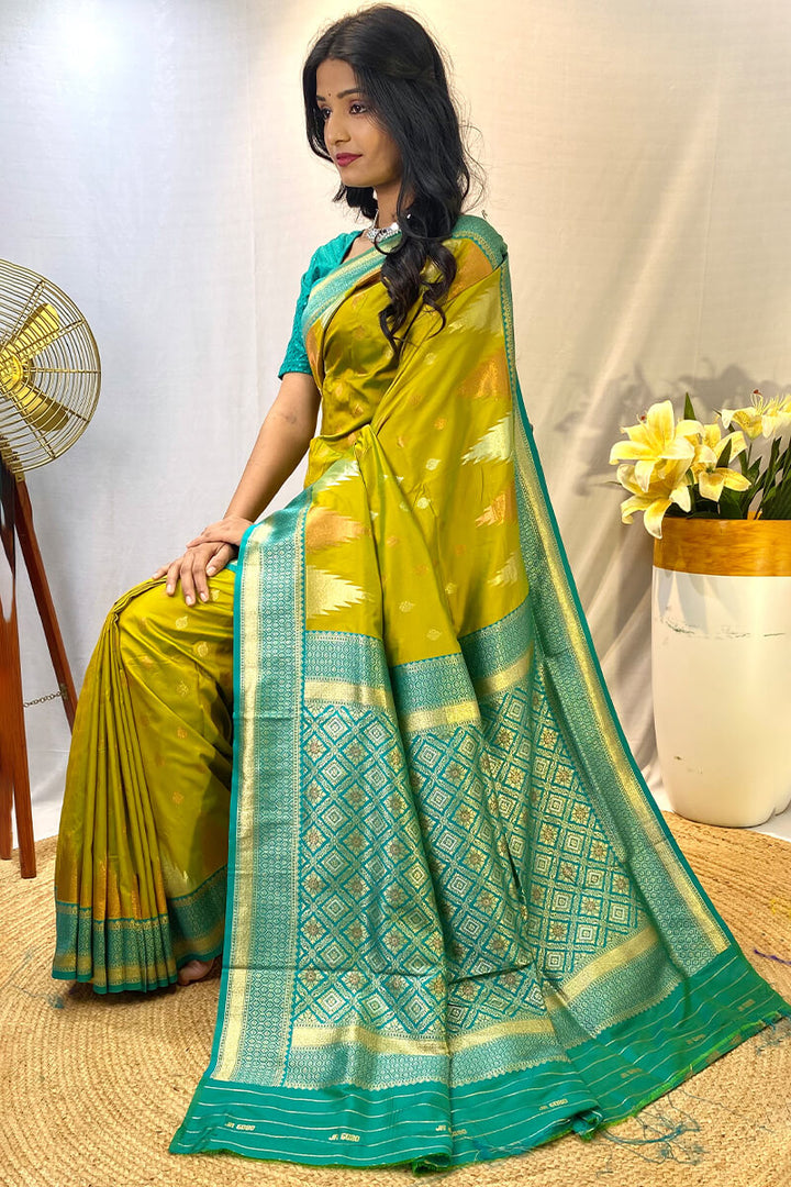 Mustard Green Zari Woven Banarasi Silk Saree