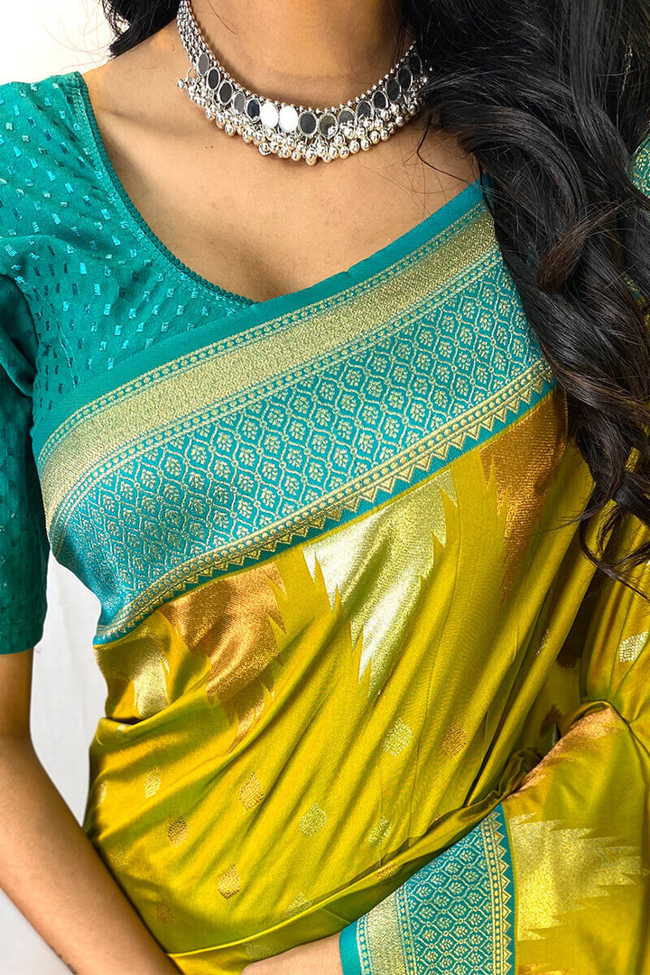 Mustard Green Zari Woven Banarasi Silk Saree