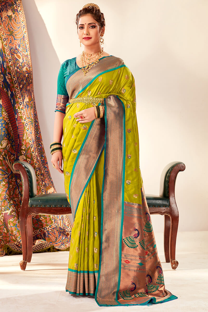 Mustard Green Zari Woven Paithani Silk Saree