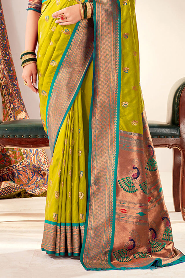 Mustard Green Zari Woven Paithani Silk Saree