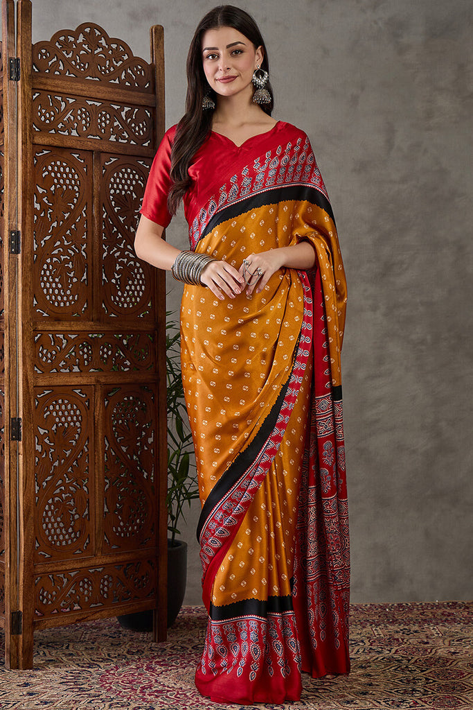 Mustard Yellow Ajrakh Printed Satin Silk Saree