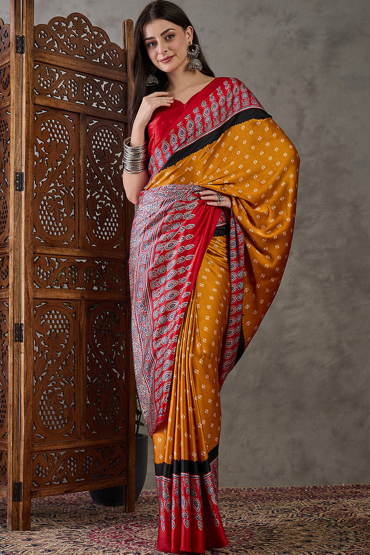 Mustard Yellow Ajrakh Printed Satin Silk Saree