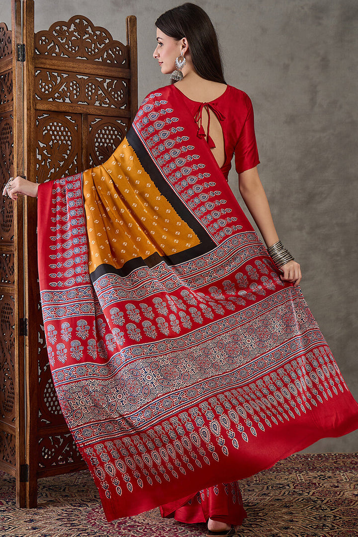 Mustard Yellow Ajrakh Printed Satin Silk Saree